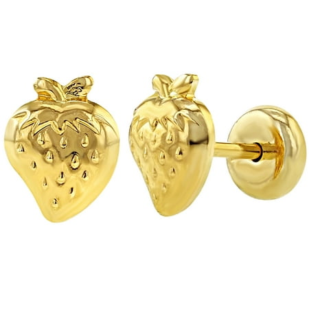 In Season Jewelry 18k Gold Plated Small Strawberry Safety Stud 18k Gold Plated Small Strawberry Safety Stud Baby Infant Toddler Earrings