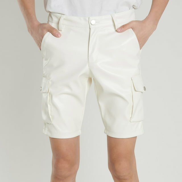 cllios Men's Summer Faux PU Leather Straight Leg Party Club Shorts with Pockets