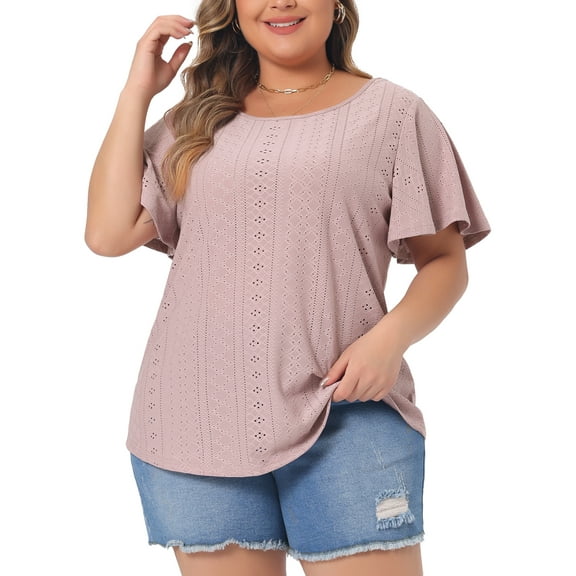 Agnes Orinda Plus Size t Shirt for Women Crew Neck Loose Fit Ruffle Sleeve Summer Hollow Casual Tops Blouse 1X Pink