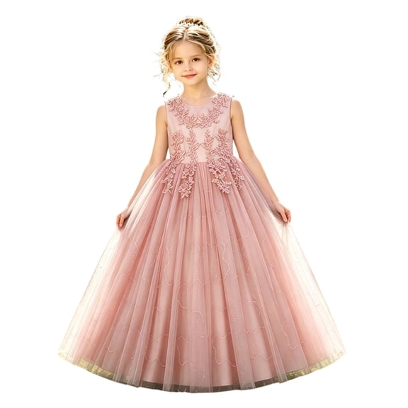 lnmuld Girls Solid Color Lace Beaded Tulle Long formal Evening Dress Sleeveless Size:13-15 Years
