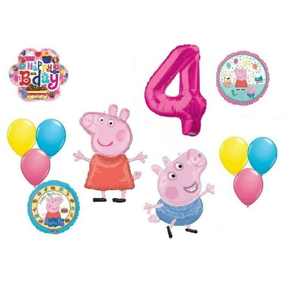 Peppa the Pig and George 4th Happy Birthday Flower Cake 12 Piece Party Balloons Set Bouquet