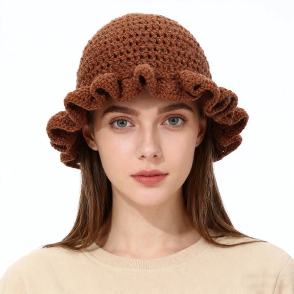 Delayuji Womens Bucket Hat Handmade Crochet Ruffled Knit Hat Fashiona Colorful Wide Brim Hat Sun Hat Hiking Take Photos Brown One Size