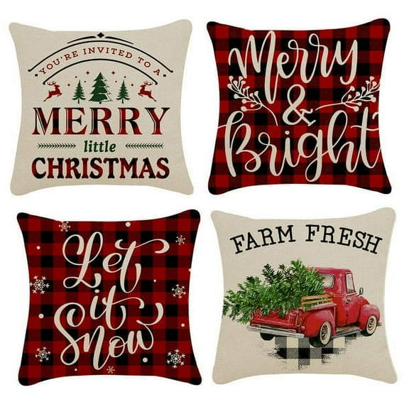 Christmas Pillow Covers Decorations Farmhouse Buffalo Check Plaid Throw Pillow Covers Great Gift for Christmas 18" x 18" Set of 4