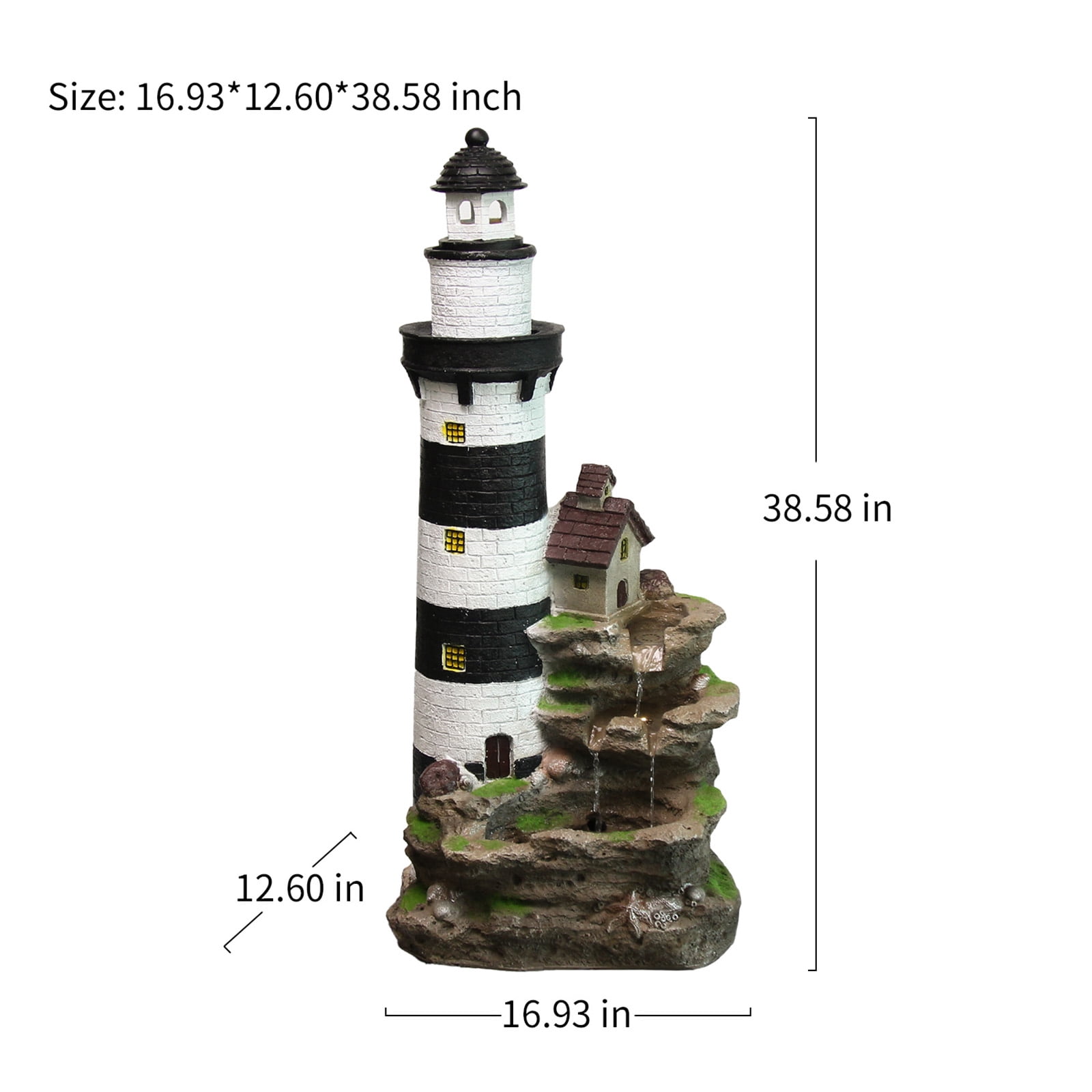 Lighthouse Floor Water Fountain Outdoor 3-Tiered Rock Indoor Waterfall Garden Fountain 38.58''H Decorative Water Feature for Yard Home Patio Office with LED Lights