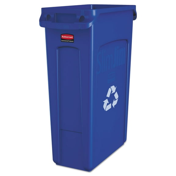 slim jim plastic recycling container with venting channels, 23 gal, plastic, blue