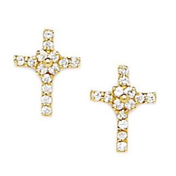 14k Yellow Gold Cubic Zirconia Medium Cross With Flower Screw-Back Earrings - Measures 14x10mm