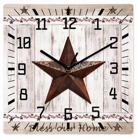 Wall Clock Vintage Barn Stars Wood Grain Operated Square Clocks Wooden Silent Non-Ticking Wallclock 12 Inch Farmhouse Berry Wood Wall Clock for Living Room Bedroom Office Shool Home Decor