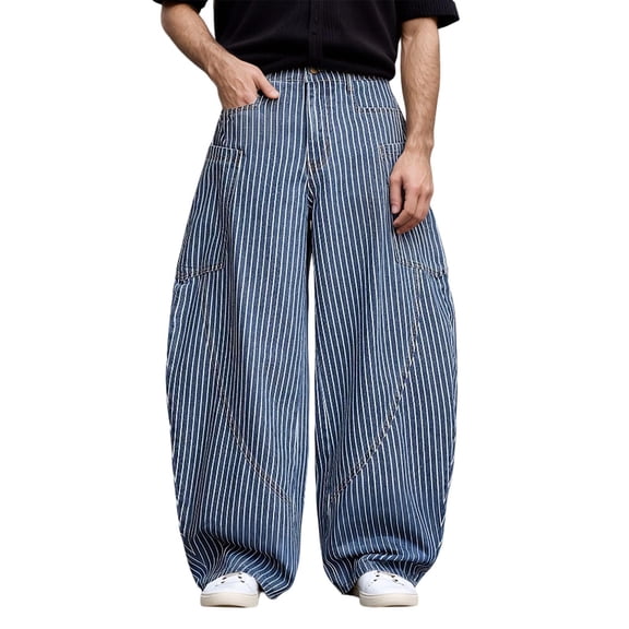 Luwomo Jeans Men Retro Light Blue Striped Wide Leg High Waist Trousers Relaxed Fit Long Trousers Denim Pants