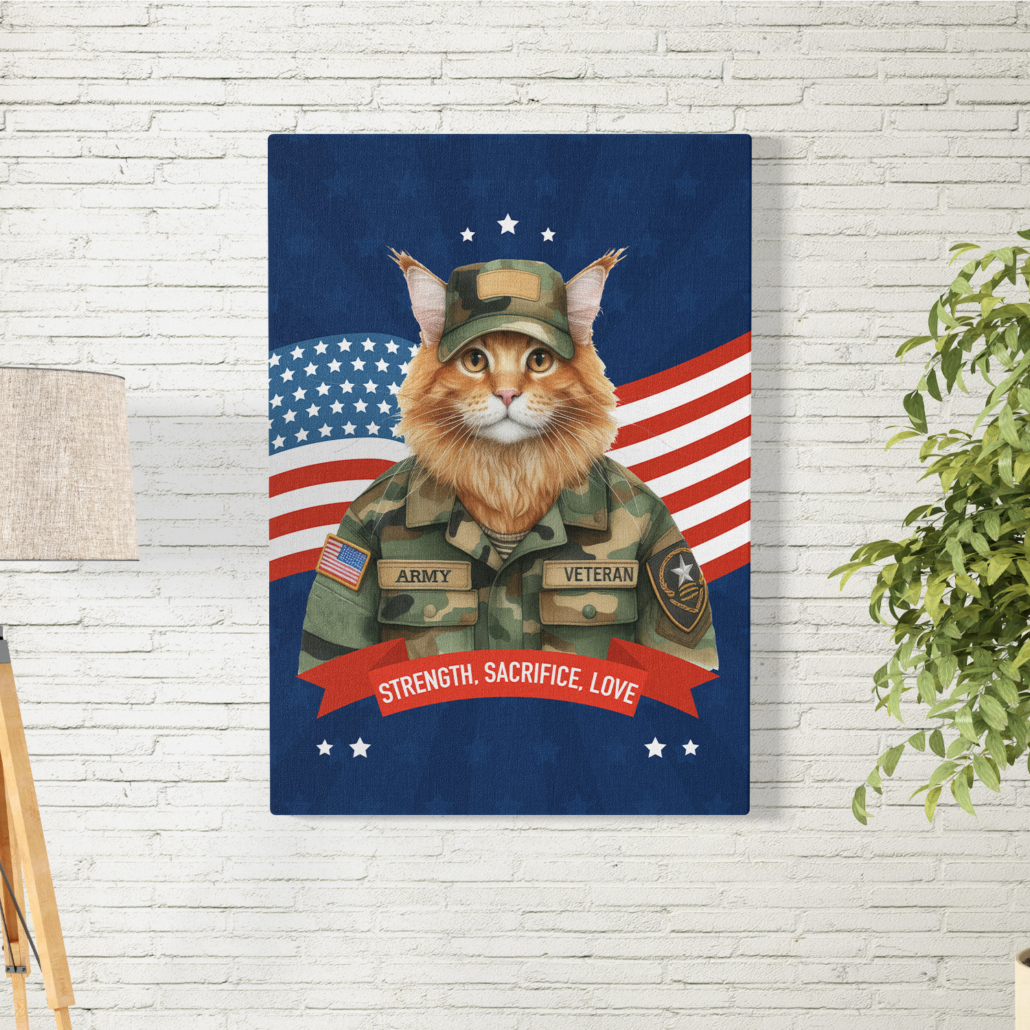 Happy Father's Day Honoring Veterans Maine Coon in Army Uniform Vertical Matte Canvas Poster Cat Lover Kitten Owner Gifts Wall Art Home Decor - 13007