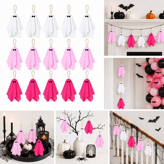 Halloween Hanging Ghost Ornaments, 15 Count, 3 Colors, 4 in Ghost Decorations for Halloween Tree, Party, Porch and Indoor Decor