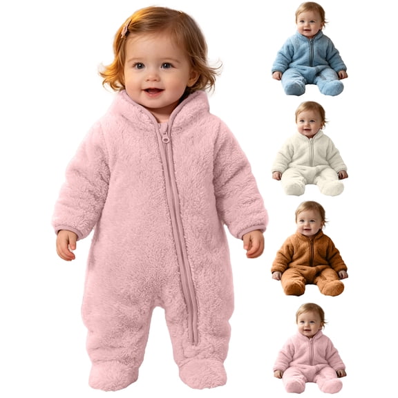 Toddler Kids Winter Clothes,Cute Fleece Warm Solid Color Long Sleeved Zipper Footed Jumpsuit Rompers,Kids Essentials