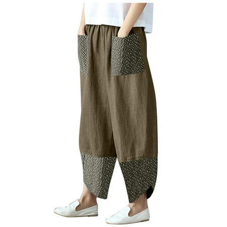 

Women s Cotton Linen Wide Leg Pants Loose Elastic High Waist Slit Hems Palazzo Pants Color Blocking Lounge Pants with Pockets