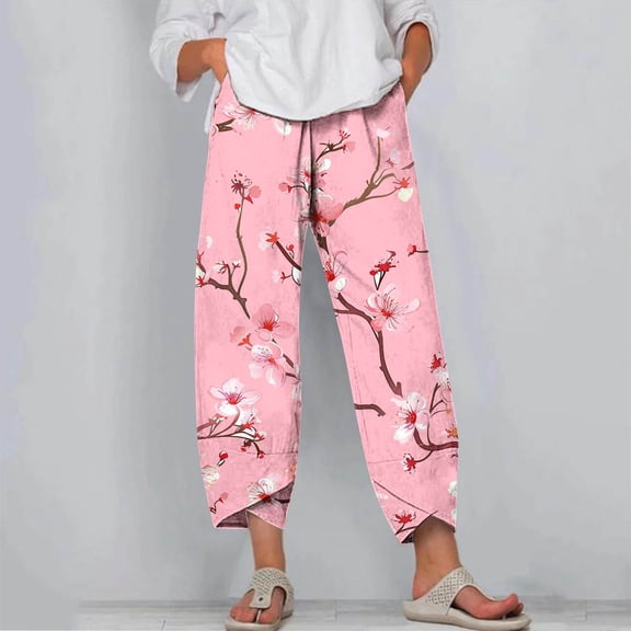 Blmnix Boho Pants Wide Leg Pants for Women Plus Size Pleated Sweatpants Baggy Wide-Leg Cropped Pink High Trousers for Women,S