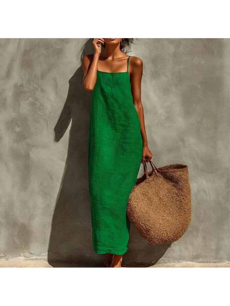 Emerald Green Linen Blend Slip Maxi Dress, Square Neck Sleeveless Casual Dress For Beach & Vacation