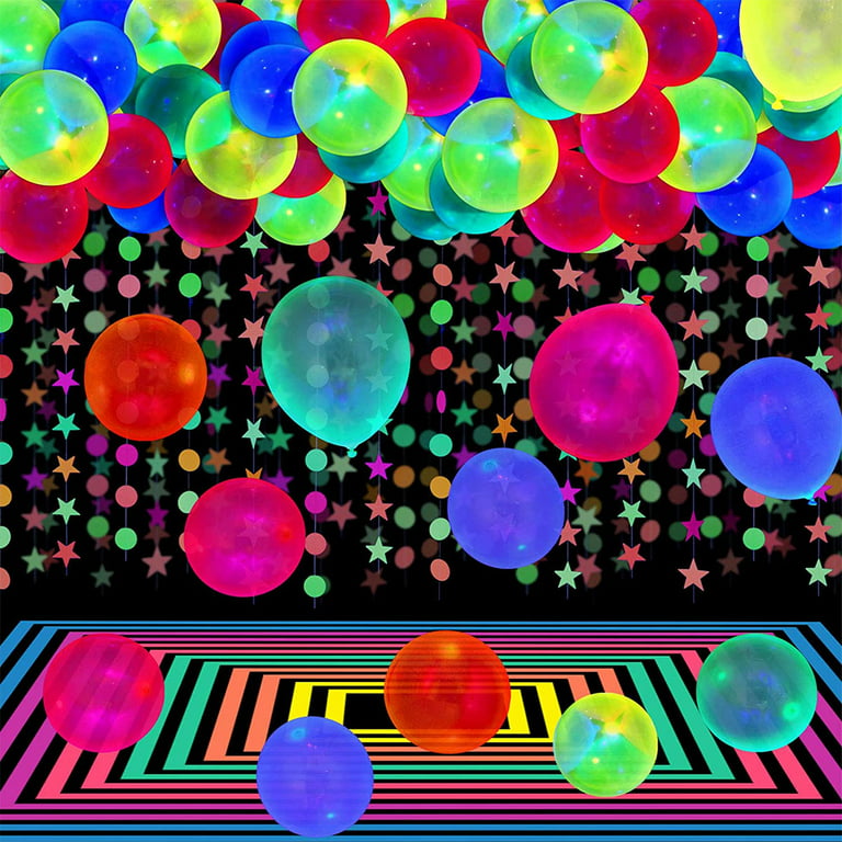 90Pcs Neon Balloons 12” UV Neon Glow Balloons Reusable Polka Dot Blacklight  Balloons Glow in the Dark Latex Balloon Blacklight Reactive Fluorescent