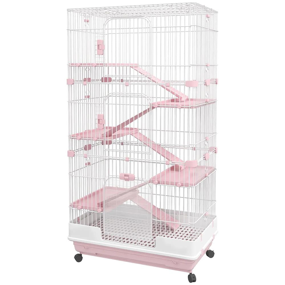 Topcobe 32"L 6-Level Small Animal Cage Rabbit Hutch with Universal Lockable Wheels, Slide-out Tray for Bunny, Chinchillas, Ferret, Indoor Outdoor Pet Shelter, Small Animal Habitat, Pink