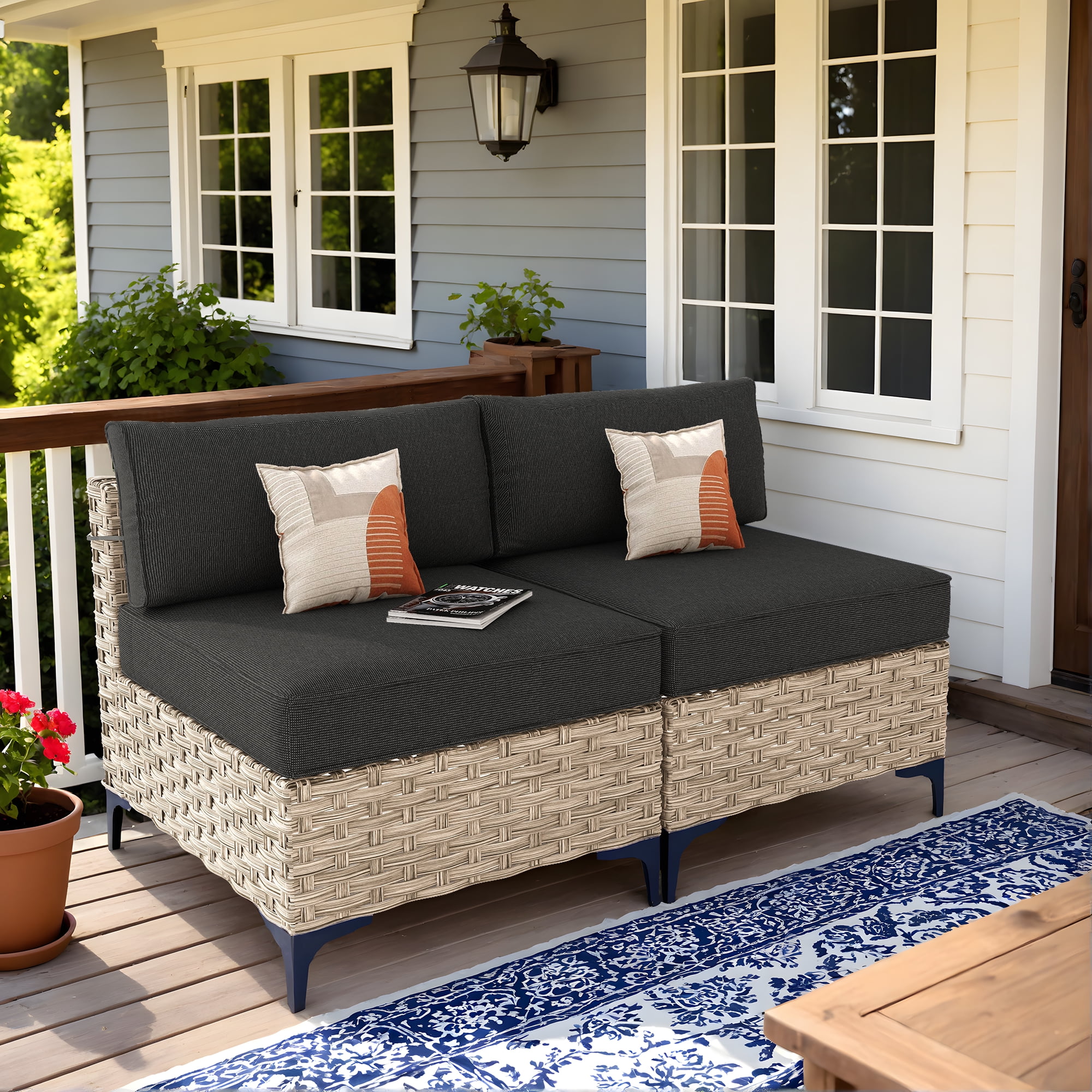 Ovios 2 Pieces Outdoor Patio Conversation Furniture Set Cushioned PE Rattan Wicker Chairs Set