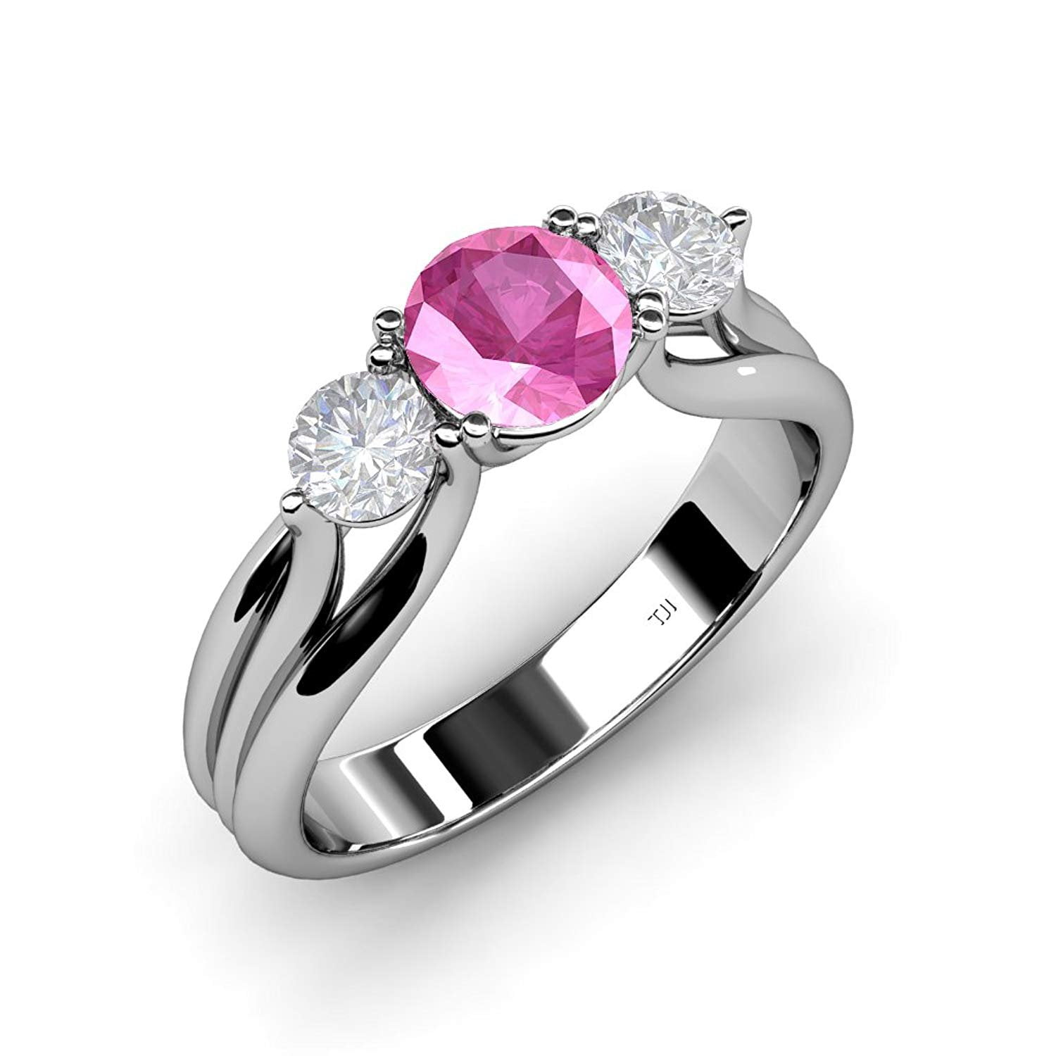 Pink and White Sapphire Three Stone Ring with Thick Shank 1.46 ct tw in 14K White Gold.size 8.0 by TriJewels