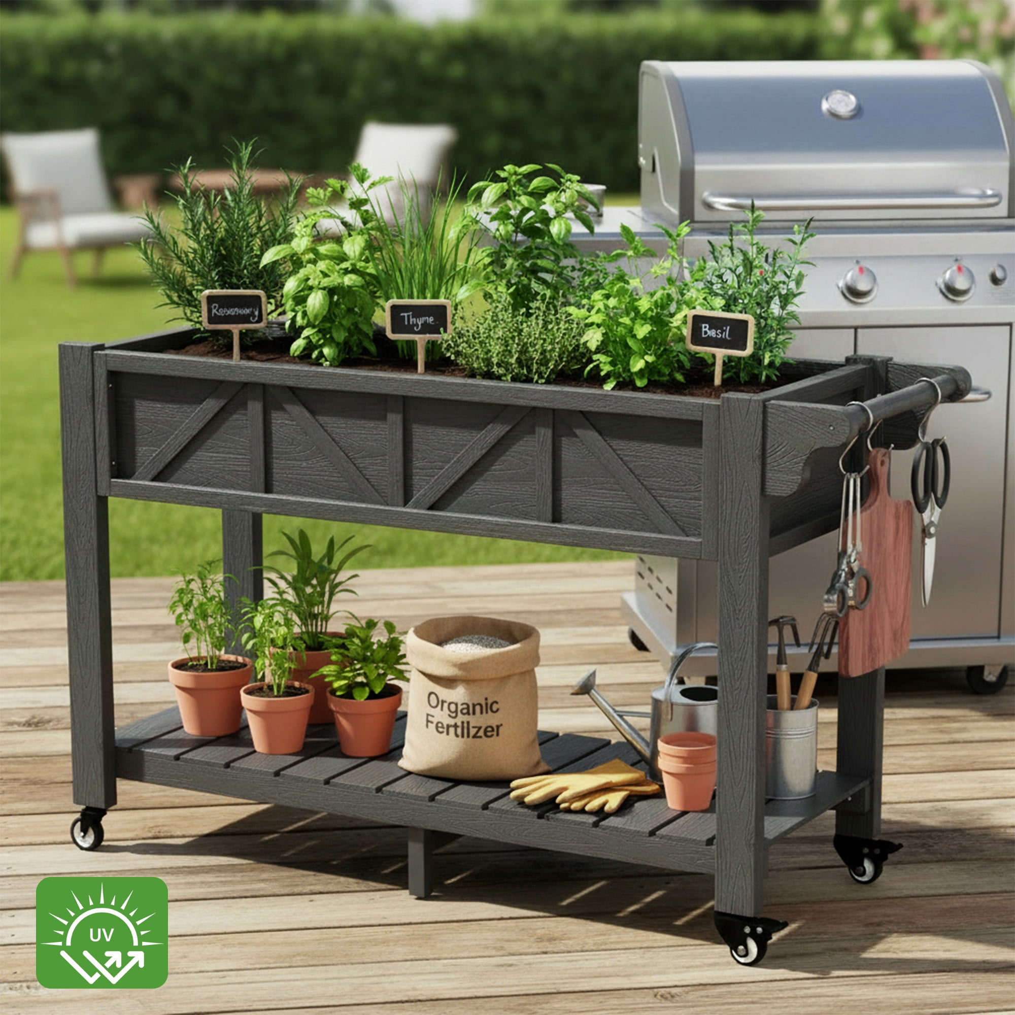 AwayHome 47.2"L x 17.3"W x 27.7"H 2-Tier Black Outdoor Elevated Raised Garden Bed with Wheels&Handle