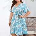 thumbnail image 4 of Usmixi Summer Dresses for Women Tie Waist Pleated Swing Plus Size A Line Short Dresses Short Sleeve V-Neck Floral Print Mini 2023 Casual Dress Light Blue xxxl Clearance Under $5, 4 of 7