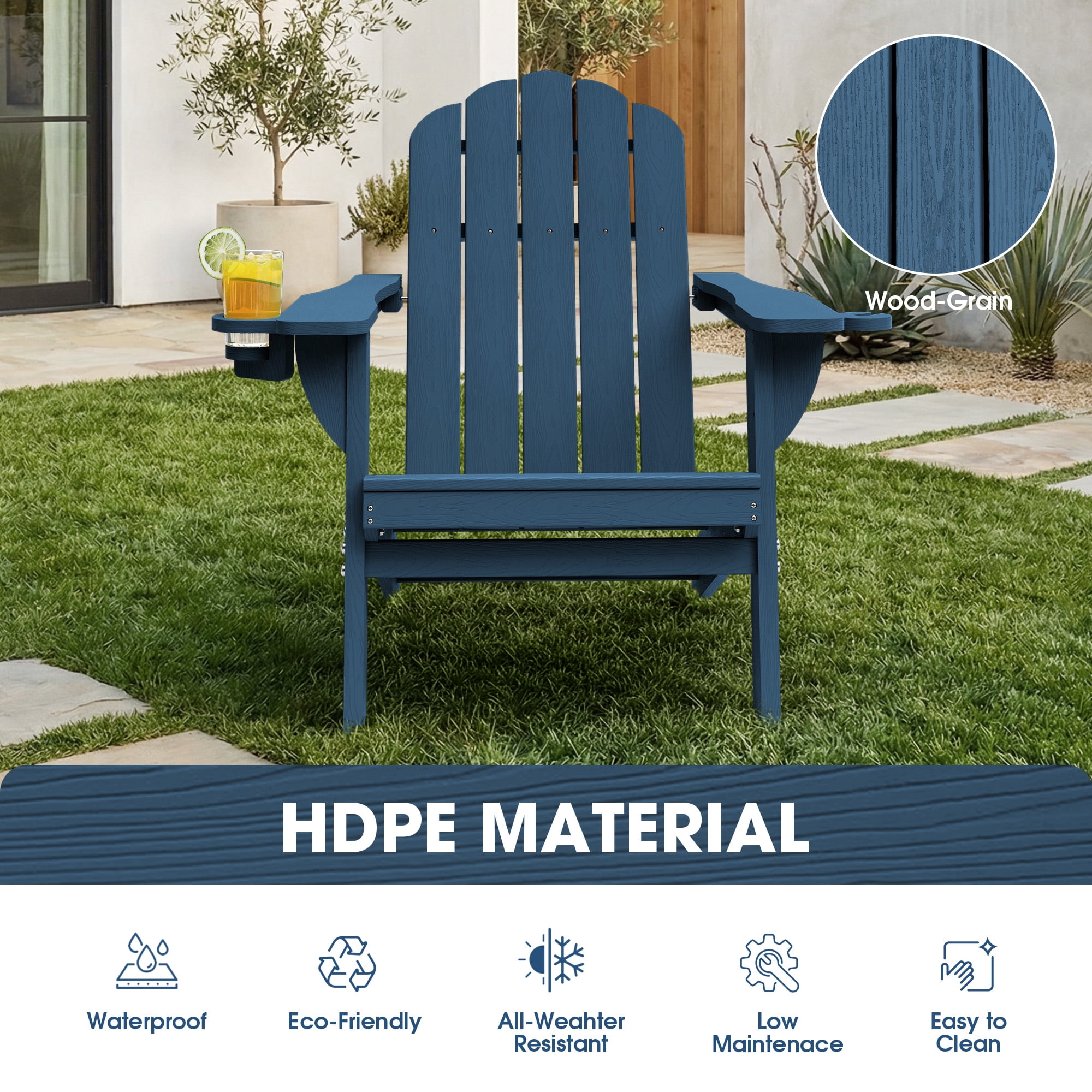 Folding Adirondack Chair, All-Weather HDPE Plastic Patio Fire Pit Chair, Navy