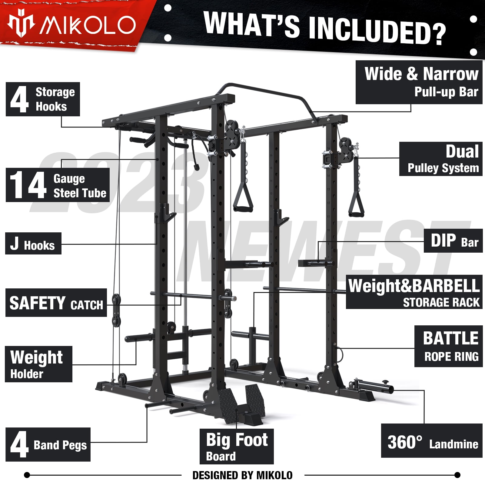 Mikolo Power Rack Cage, 1500LBS Weight Cage with 800LB Capacity Adjustable Weight Bench, Multi-Function Workout Rack Cage with Storage System, J-Hook, Band Peg, Battle Rope Ring Home Gym - 502218577