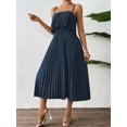 thumbnail image 5 of Navy Blue Sleeveless Pleated Midi Dress With Ruffle Bust For Women, 5 of 6