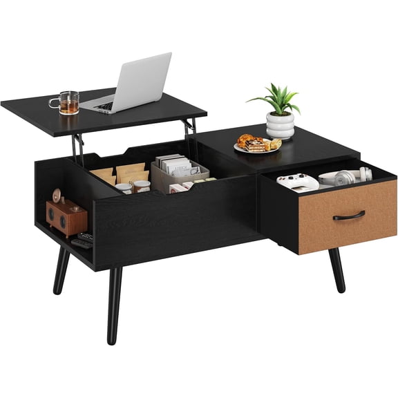 Lift Top Coffee Table for Living Room, Wooden Small Center Tables with Large Storage Shelf Drawer and Hidden Compartment Modern, Black