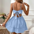thumbnail image 2 of Women Summer Blue Sling Dress, Square Neckline Backless Bow, Double Ruffle Hem, Mesh Fabric, Beach Party Outfit, 2 of 6