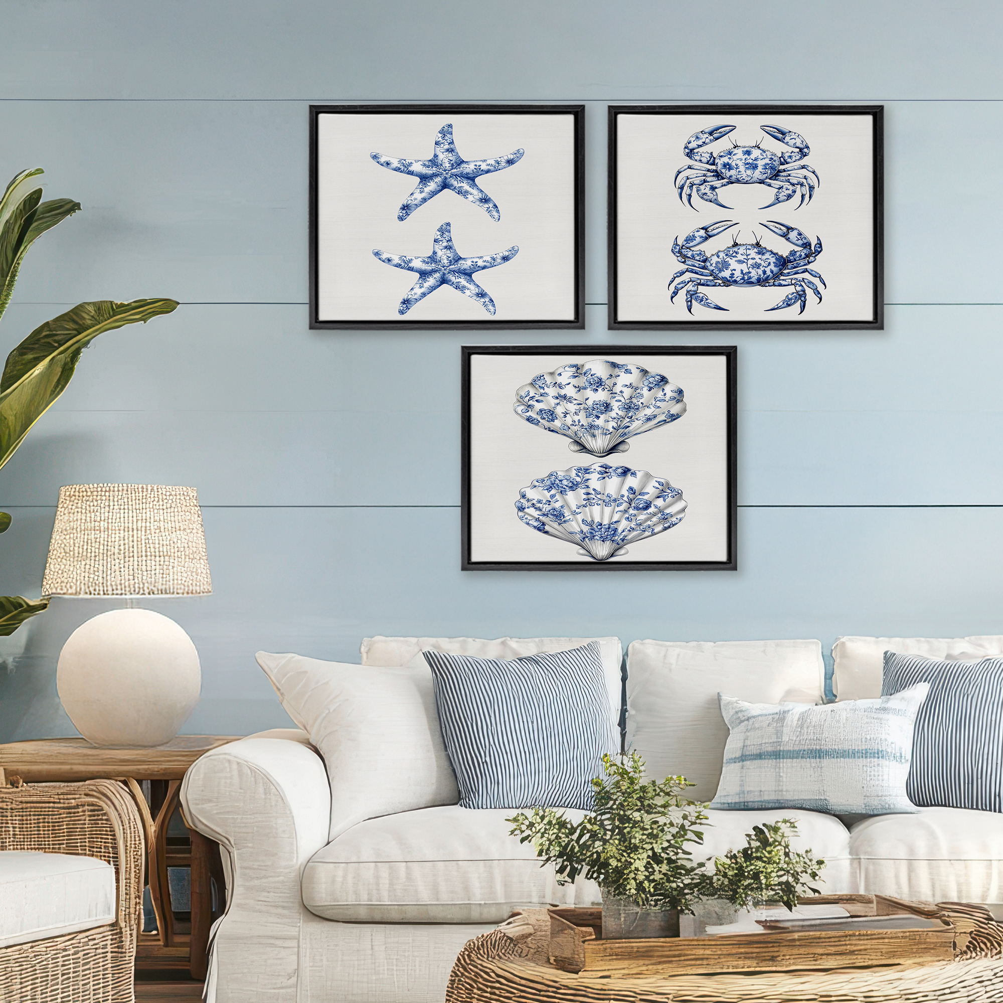 Vintage Toile Starfish & Crabs 3 Piece Black Framed Floater Canvas Set, design by Lettered and Lined