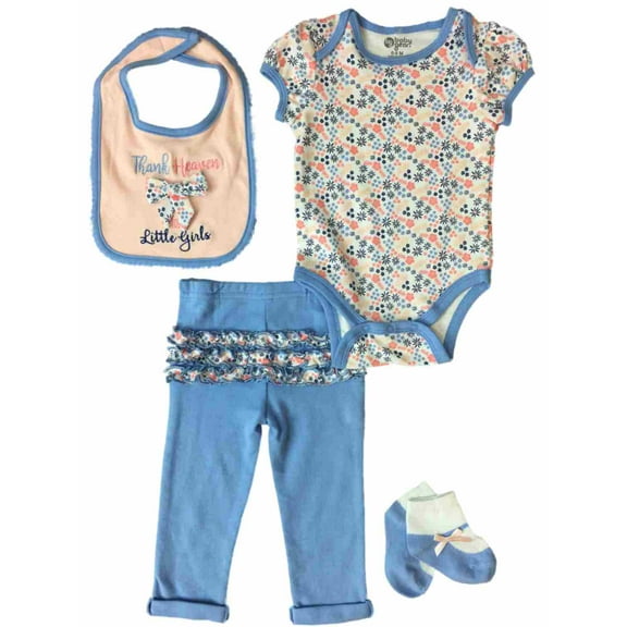 Infant Girls Pink & Blue Floral Bodysuit Bib Headband & Pant Outfit  6/9m