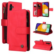 Dteck Crossbody Wallet Case for Samsung Galaxy A13 5G,Magnetic Leather Card Holder Zipper Wallet Kickstand Heavy Duty Lanyard Strap/Shoulder Strap Cover,Red