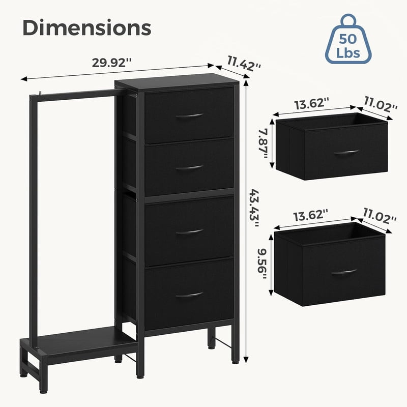 Simenmax 4-in-1 Storage Tower with Clothes Rack, Tall Garment Rack with Shoe Shelf and Bag Hook, Heavy Duty Organizer for Bedroom Entryway Living Room, Black