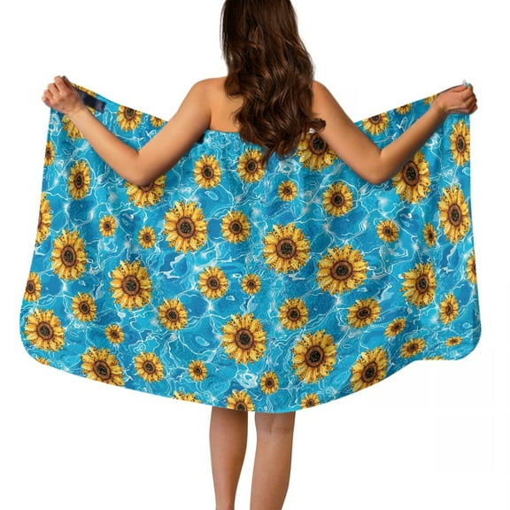 Yuyamidu Sunflower Shower Towel Wrap for Women Blue Towel Wrap Terry Cloth Bathroom Towels with Pocket Swimming Pool Towel Cover Up Size XL Spa Bathrobe