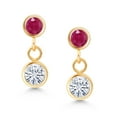thumbnail image 2 of Gem Stone King 14K Yellow Gold White Moissanite and Red Ruby Drop Dangle Earrings for Women (0.77 Cttw, Gemstone Birthstone, Round 4MM and 3MM), 2 of 4