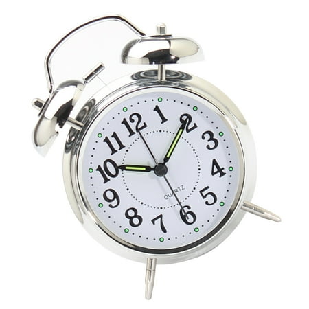 PBPBOX Round Silent Alarm Clock Silver Metal Tabletop Clock for Reminder and Use