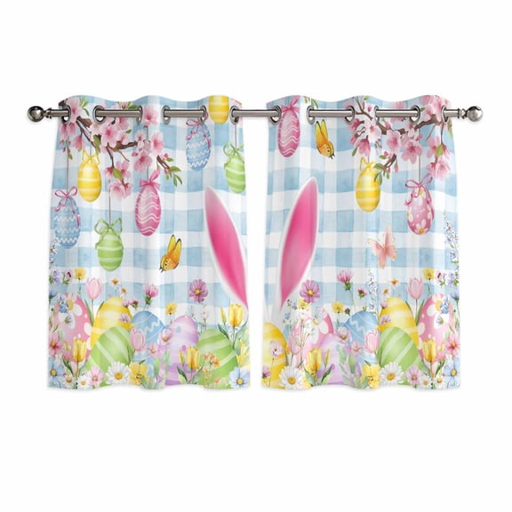 Happy Easter Kitchen Curtains Window Panels, Spring Watercolor Bunny Eggs Flower Blue Plaid Insulated Window Treatment Curtain, Grommet Curtains for Bedroom/Living Room/Bathroom, 2 Piece 42"Wx45"L