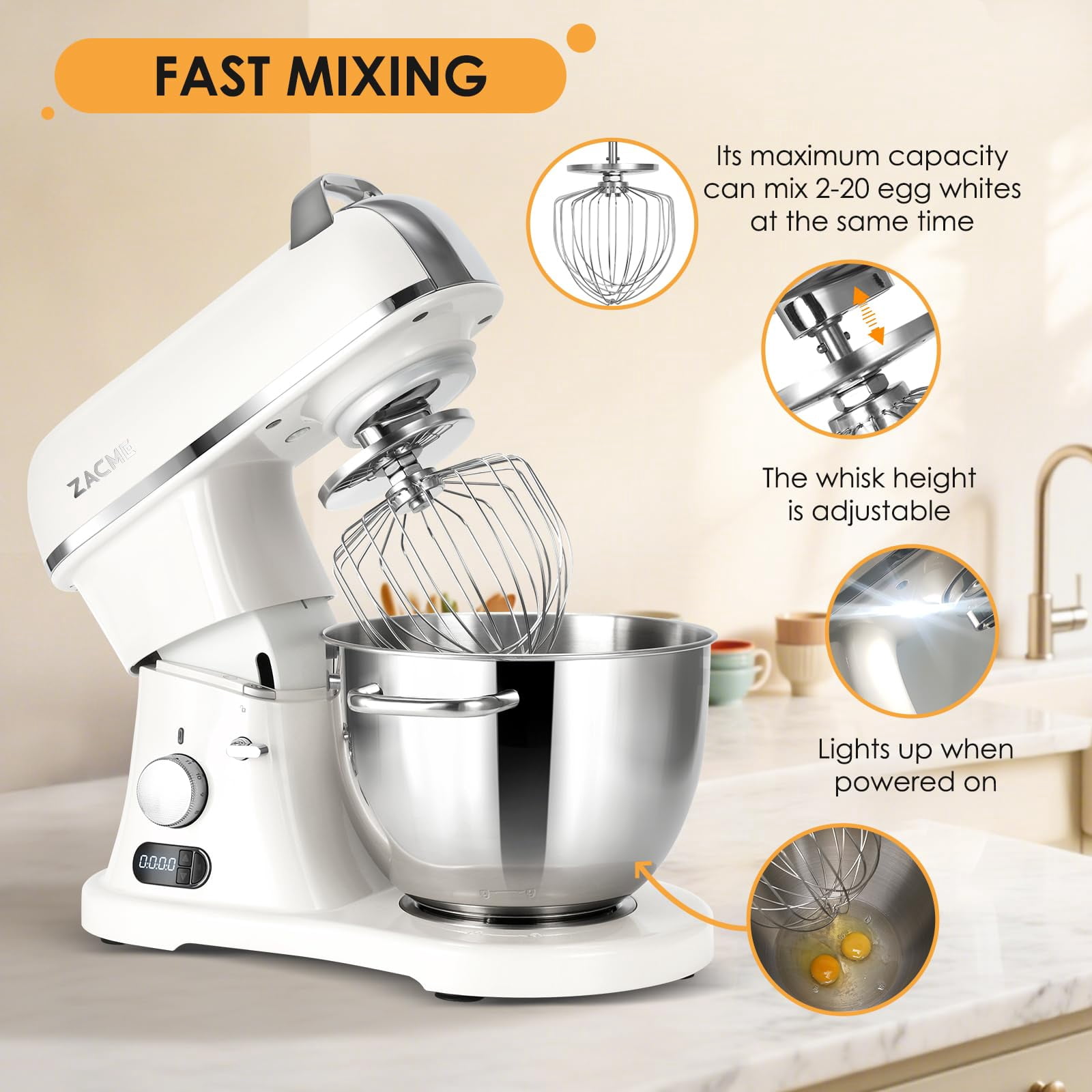 ZACME, Commercial Stand Mixer, 800W, 11 Speeds, 8.4QT White