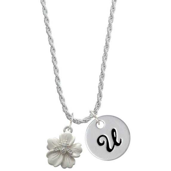 Delight Jewelry Silvertone Bee on White Flower Silvertone Script Initial Disc - U - Charm Necklace, 20"+3"