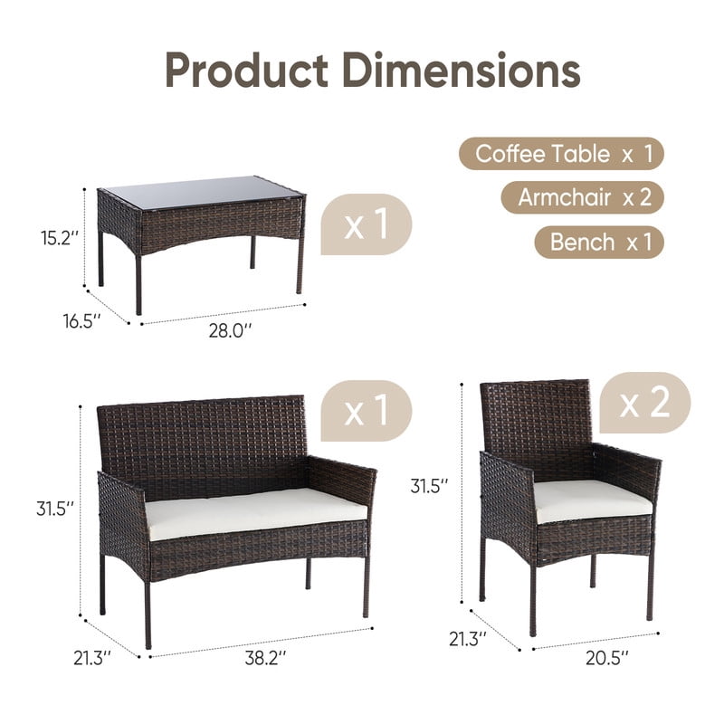 Gianna 4-Piece Patio Furniture Set, Outdoor Wicker Rattan Chairs with Removable Cushion & Glass Table, Conversation Furniture for Porch, Garden, Backyard, Poolside - Brown