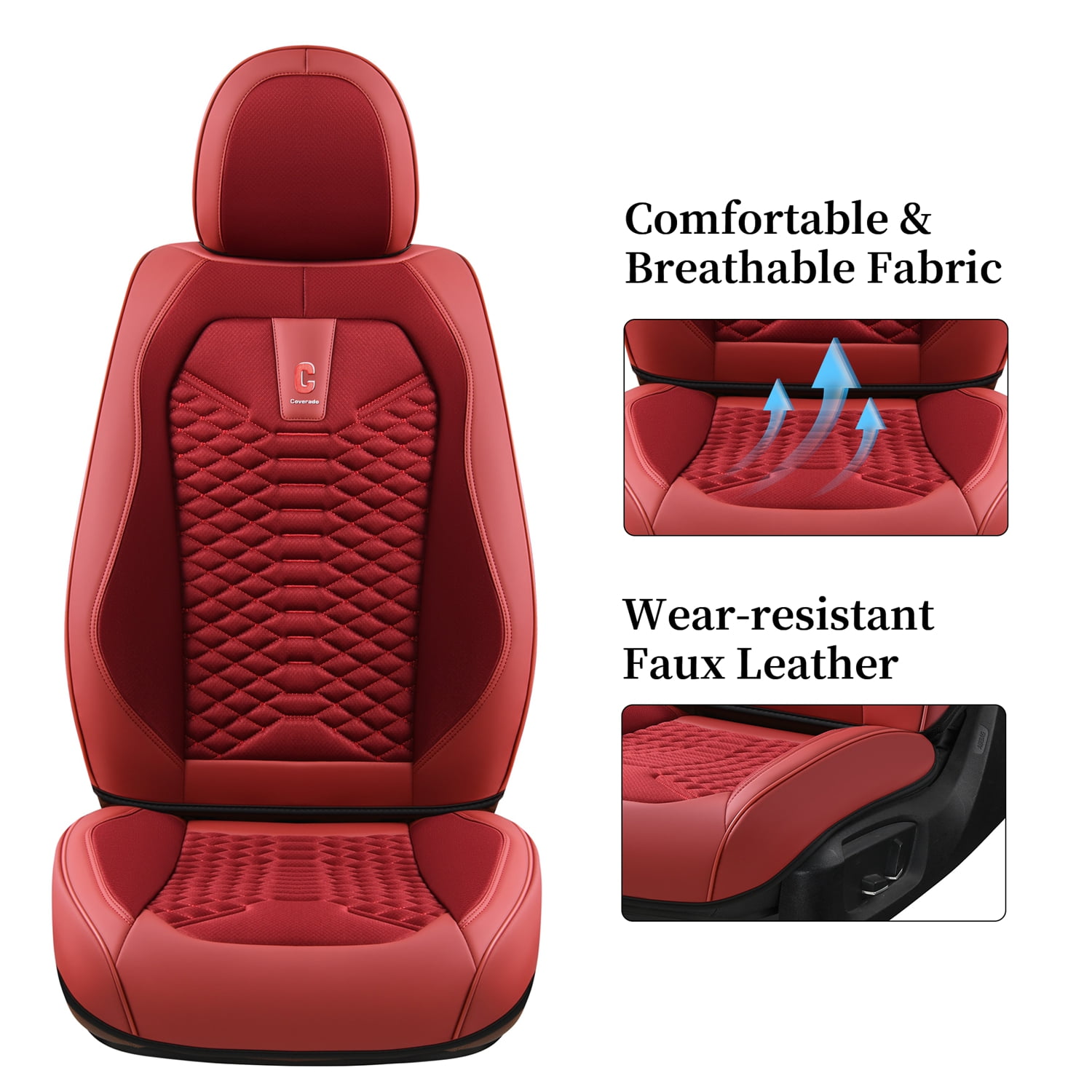 Coverado Red Car Seat Covers Full Set, 5 Seats Leather&Fabric Front and Back Auto Protectors, Breathable Interior Cushions Universal Fit Most Sedans SUV Pickup Trucks