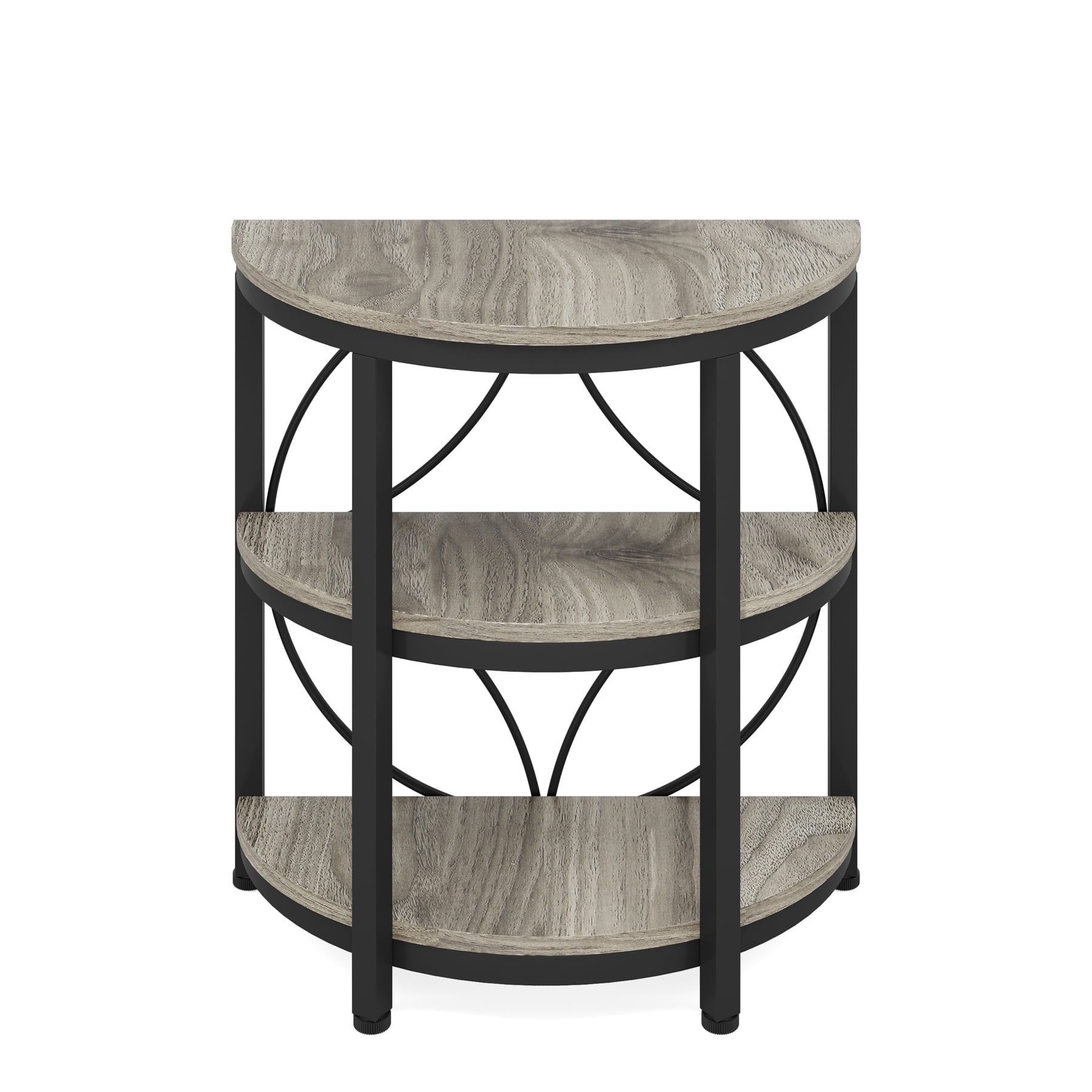 MAYEERTY Half-Round Side Table Rustic Brown Top Black Metal Legs 3-Tier Open Shelves