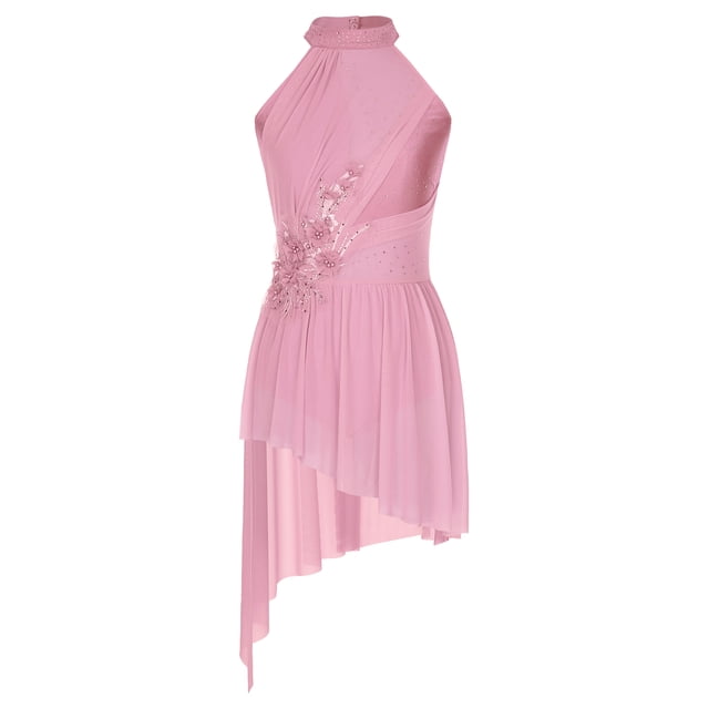 MSemis Costume de Danse Lyrique pour Femmes Robe de Danse Contemporaine Sans Manches Tulle Ballet Haute Basse Danse Rose m