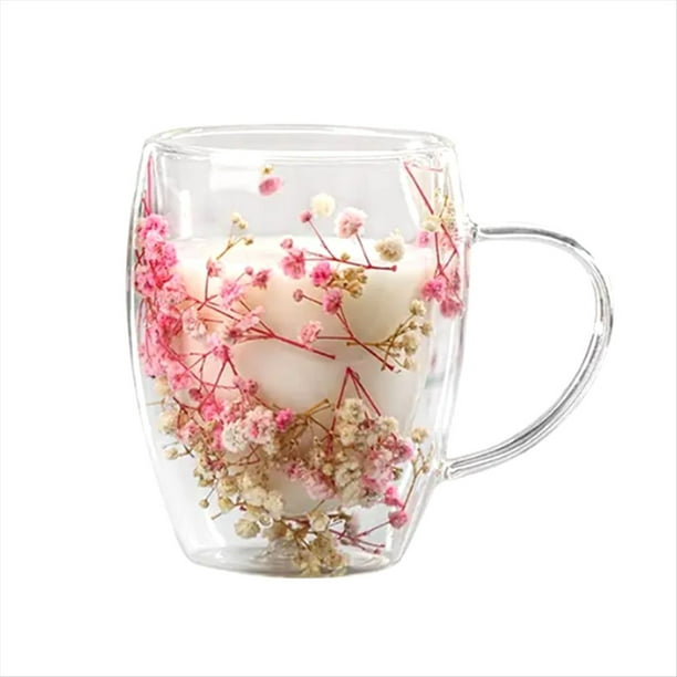 Creatives Flor Real Vidrio Doble Alto de Apariencia Estrella Flor Leche Café Vaso 350ml para el Hogar A