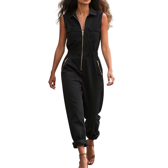Chuancc One Piece Jumpsuits for Women Dressy Casual Sleeveless Crewneck Wide Leg Rompers Jumpers Vacation Summer Outfits Black L