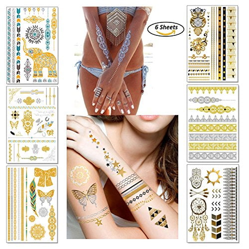 Temporary Boho Metallic Tattoos for Women Girls | Gold Silver Shimmer  Designs Jewelry Tattoos | 80+ Color Fake Waterproof Tattoo Stickers Henna  Body Paints (Pattern 1) 