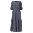 thumbnail image 3 of VONDA Women's O-Neck Puff Short Sleeve Loose Casual Plain Cotton Pleated Dress, 3 of 6