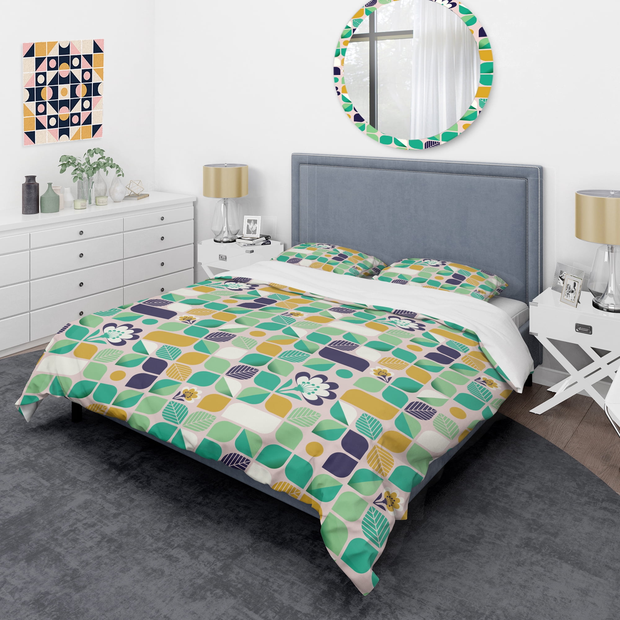 Designart 'geometric pattern with leaves and flowers' Mid-Century Modern Duvet Cover Set