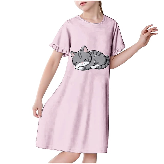 RXIRUCGD 2025 Vêtements d'Été pour Enfants 3-12 Ans Mode Imprimée Pyjama Rêveur Mi-Mollet Chemise de Nuit