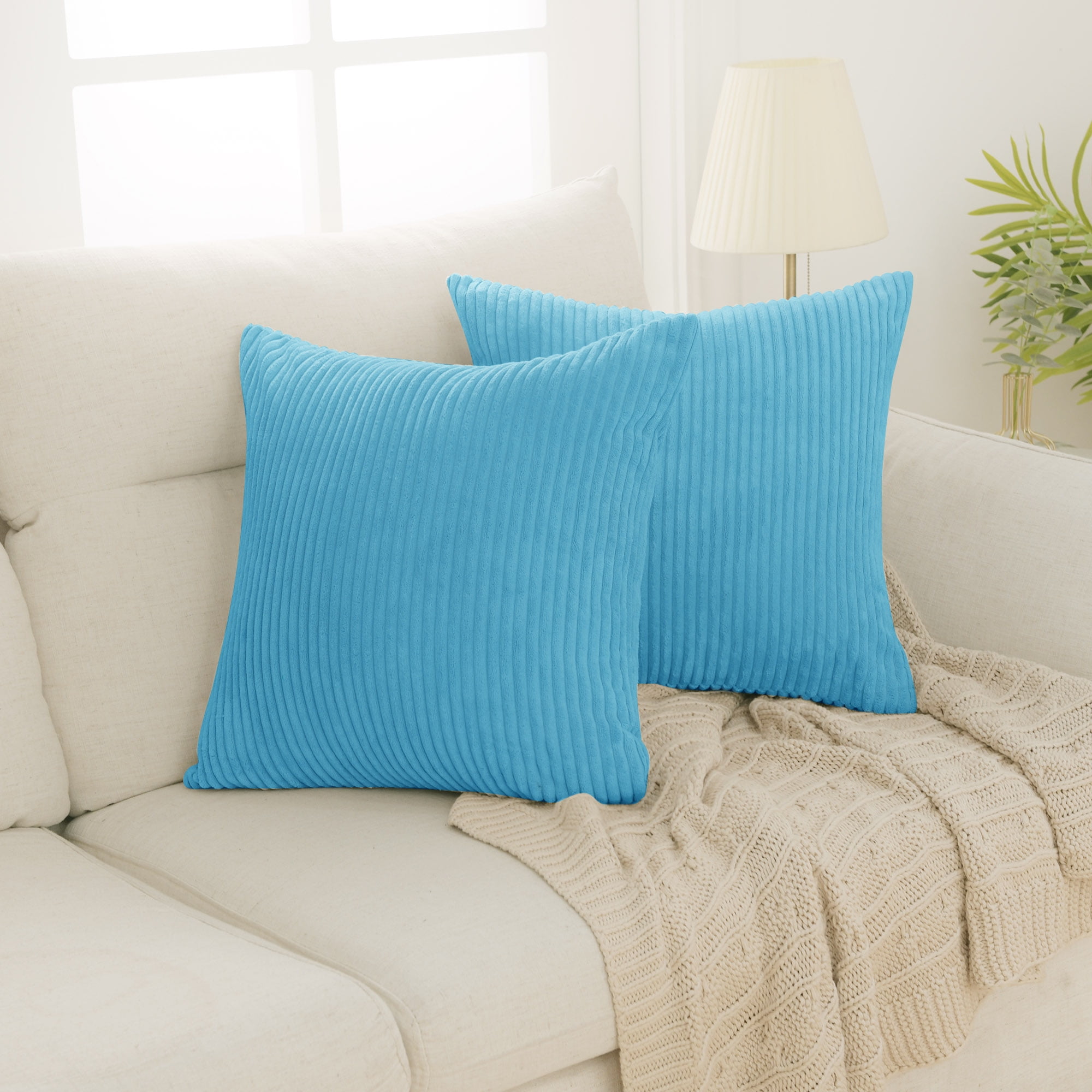 Deconovo Pack of 2 Cushion Cover with Invisible Zipper Baby Blue Super Soft Corduroy Throw Pillow Covers with Stripes for Couch Sofa Bed 22x22 Inch